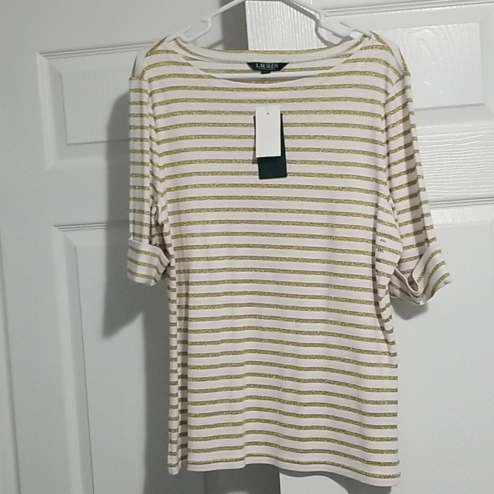 White/Gold Striped 3/4 Sleeve Shirt